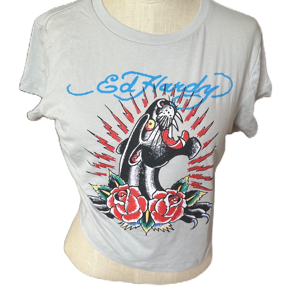 BNWT Ed Hardy Vintage 2000 Style Panther Tattoo Graphic Cropped T -Shirt. Large